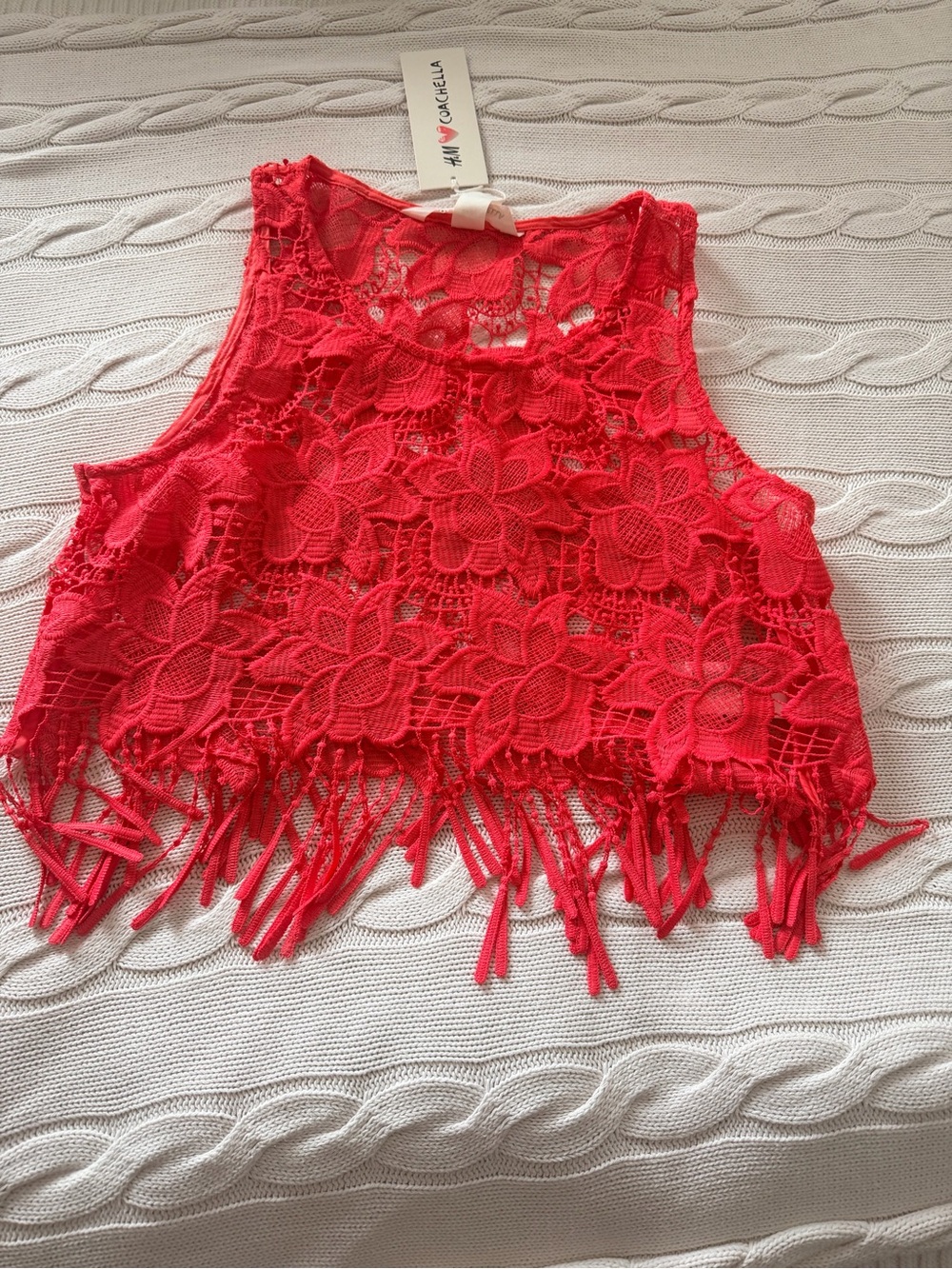 H&M Lace Fringe Cropped Tank Top Coral Size 14 NWT
